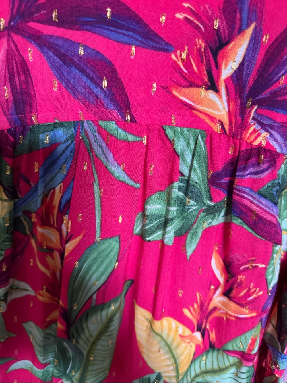 Chico's Fuchsia Tropical Leaf Tassel Blouse - Picture 9 of 12